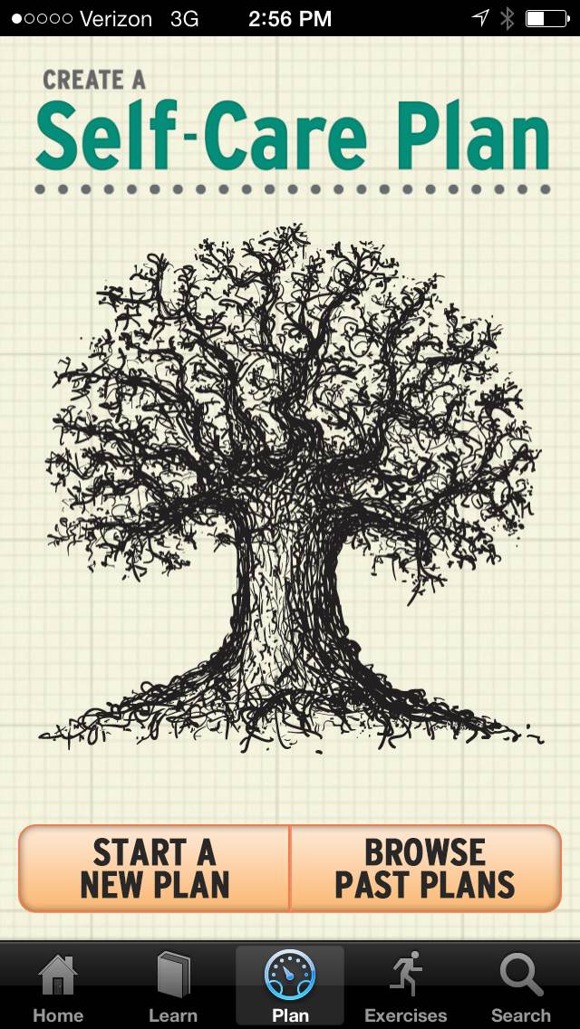 Graphic for starting a self care plan: start a new plan or browse past plans. with image of tree