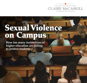 Poster stating "sexual violence on campus. How too many institutions of higher education are failing to protect students" with picture of students listening to lecture