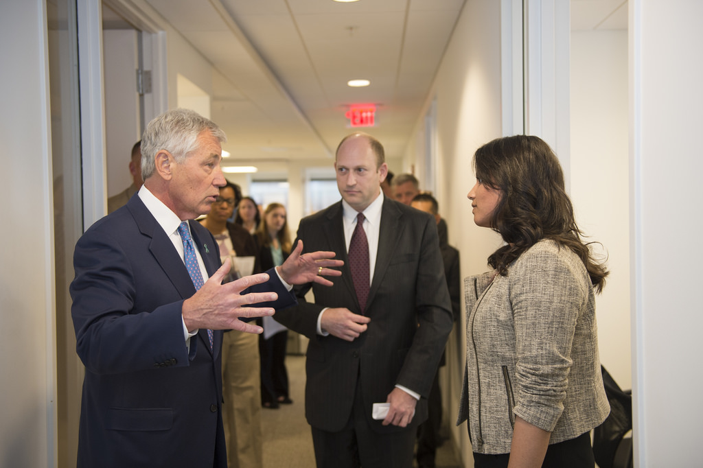 Secretary of Defense Chuck Hagel speaks to Kinjal Dalal, military marketing manager for RAINN