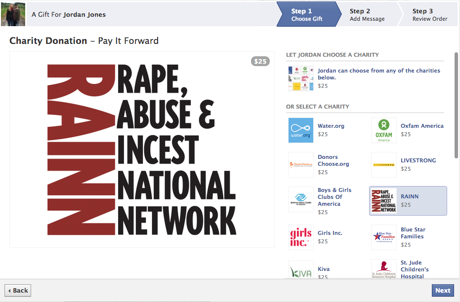 Screen grab from new Facebook donation feature