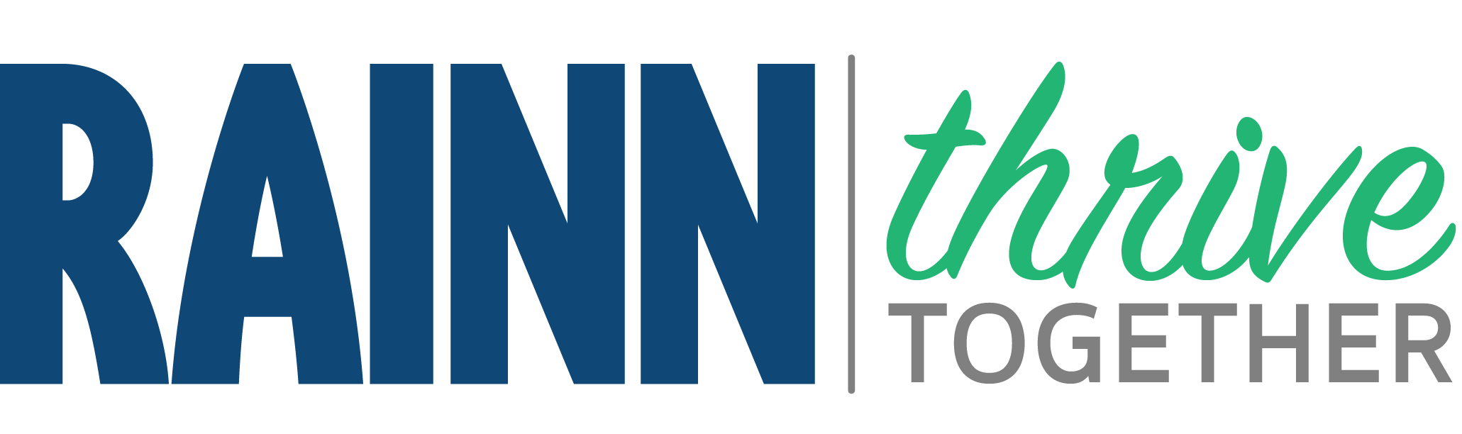 RAINN's Thrive Together Banner Features RAINN's blue text only logo, adjacent to a script-only Thrive Together logo in Green