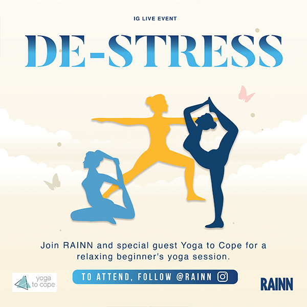 Graphic in soft yellows and blues with silhouettes of people doing yoga, reading "De-stress IG Live Event"